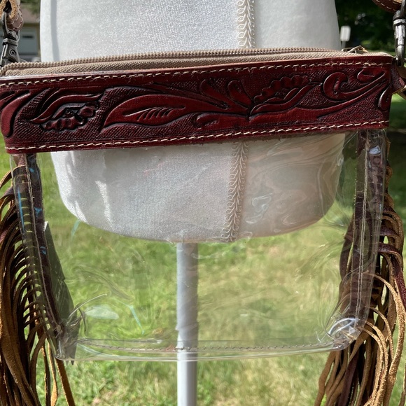 NWT Clear Fringe Crossbody Leather Hand Tooled Bag - Picture 2 of 7